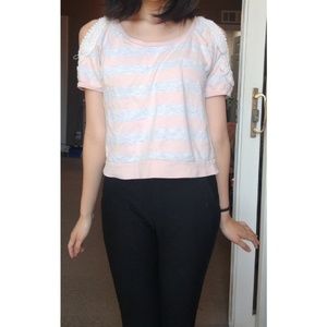 Peach and white striped cold shoulder top